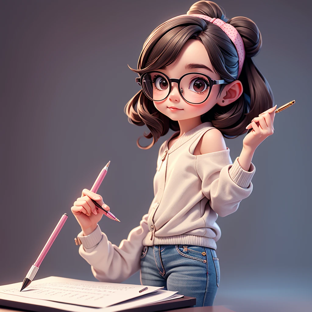 Cute young girl, wearing glasses, shoulder-length hair tied in a dot, holding a pen.