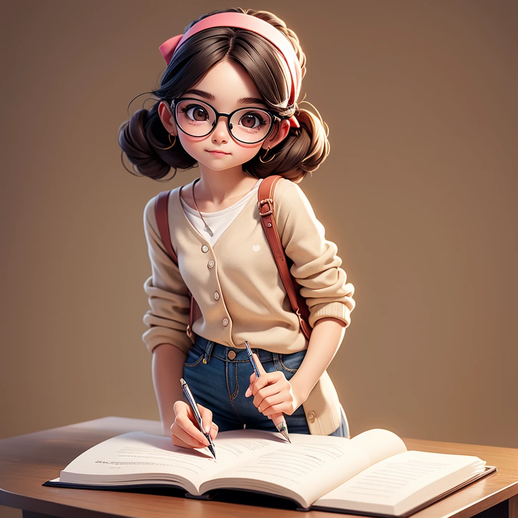 Cute young girl, wearing glasses, shoulder-length hair tied in a dot, holding a pen.