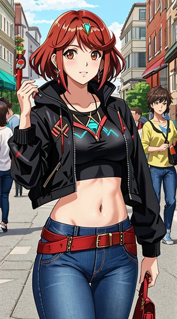 pyra from xenoblade, cropped shirt that is possible see the nipples through, jeans pants, in public, people around, black jacket