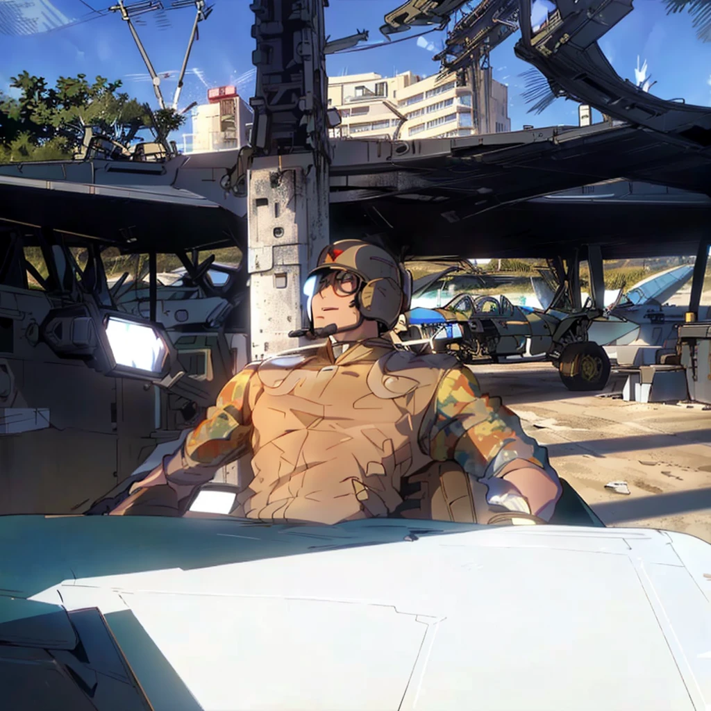 A highly detailed portrait of a Venezuelan fighter pilot, standing on the tarmac near a Venezuelan Air Force fighter jet, wearing a labeled pilot helmet with the Venezuelan flag, the scene includes other aircraft and soldiers in the background, the fighter jet the pilot is standing next to has its canopy open, cinematic lighting, hyper-realistic, 8k, award winning, stunning detail, dramatic, dynamic composition, volumetric lighting, photorealistic, masterpiece