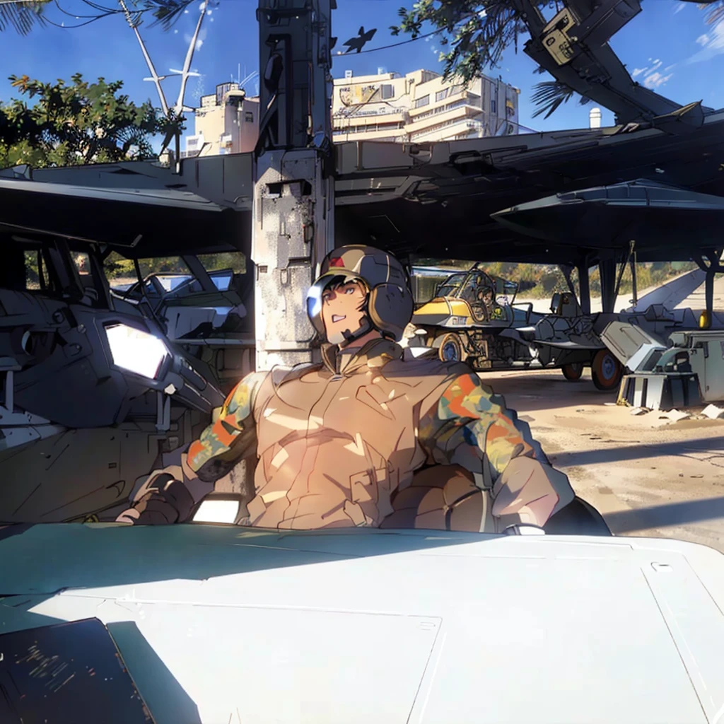 A highly detailed portrait of a Venezuelan fighter pilot, standing on the tarmac near a Venezuelan Air Force fighter jet, wearing a labeled pilot helmet with the Venezuelan flag, the scene includes other aircraft and soldiers in the background, the fighter jet the pilot is standing next to has its canopy open, cinematic lighting, hyper-realistic, 8k, award winning, stunning detail, dramatic, dynamic composition, volumetric lighting, photorealistic, masterpiece