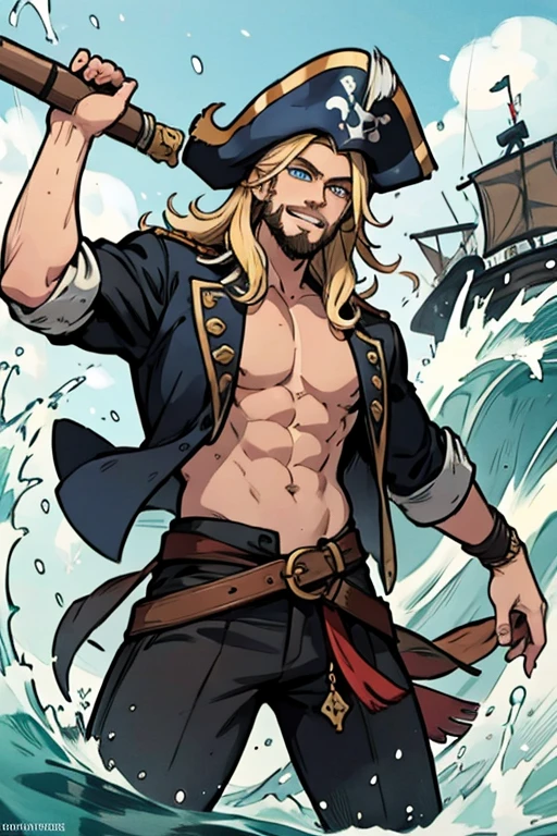 A muscular blonde haired male pirate with blue eyes and long hair and a dark beard in a pirate's outfit is splashing in the waves with a big smile
