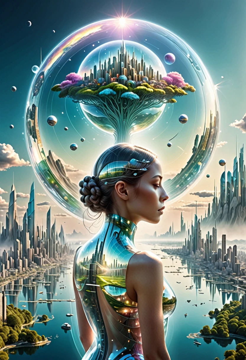 Transparent figure back，Visionary image of a future utopian world，（Multiple Exposure：1.8），Intricate illustration in surreal art style，surreal dreamscape，Future utopian world dream