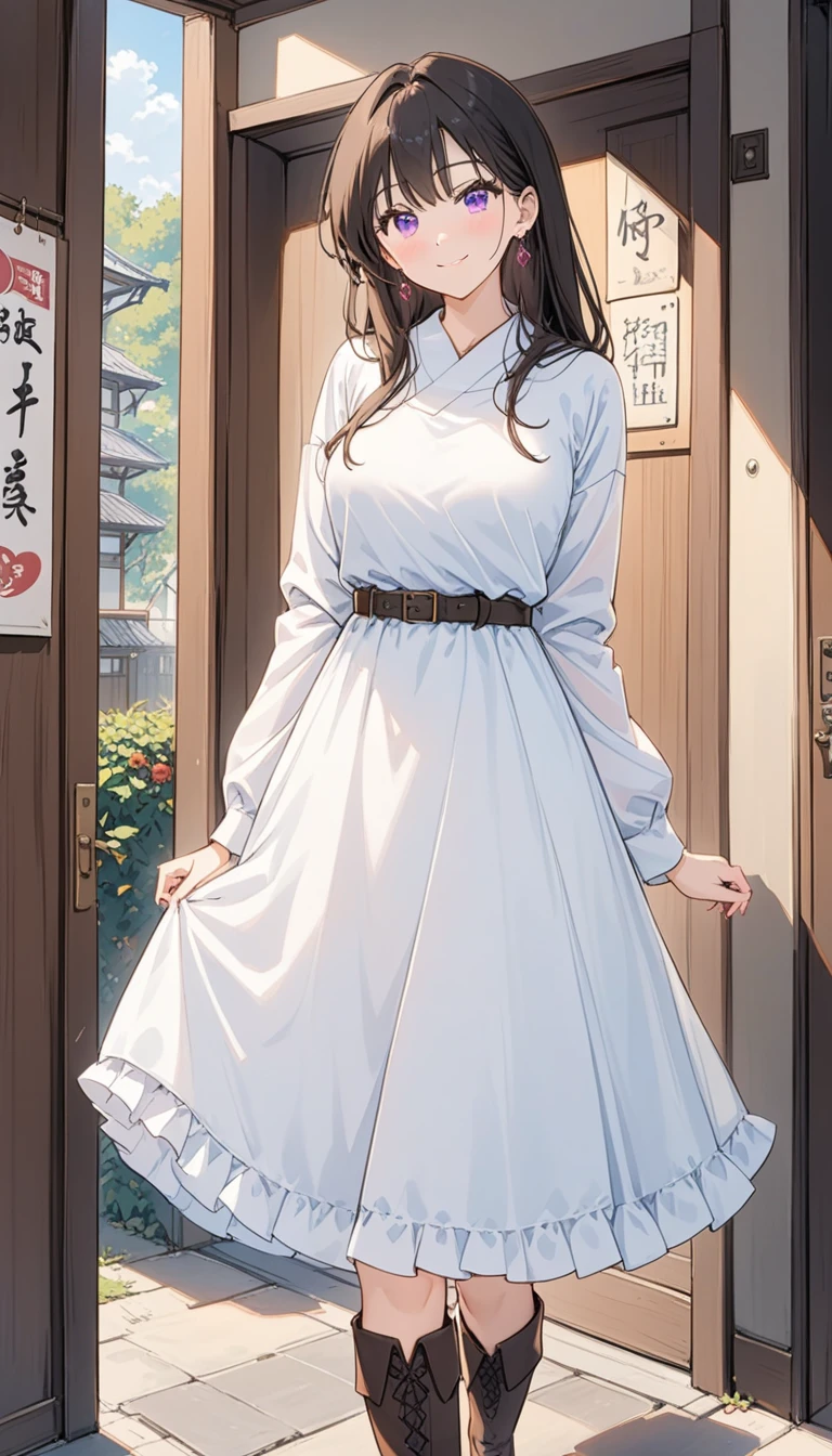 score_9, score_8_superior, score_7_superior, score_6_superior, an anime girl in a white dress standing next to a door with her arms behind her back, 1girl, breasts, solo, smile, looking at viewer, long sleeves, belt, thighhighs, jewelry, bangs, boots, black hair, frills, blush, purple eyes, earrings