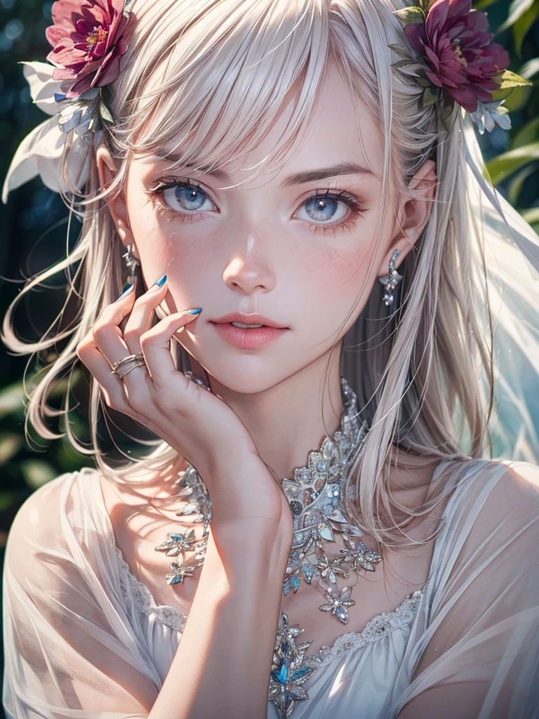 unparalleled masterpiece, ultra realistic 8k CG,masterpiece,pov,(delicate photograph,ultra_detailed,16k,raw photo:1.3),(realistic:1.9,photorealistic:1.9), beautiful detailed eyes,(((1 girl,solo,full body))), ,blue eyes, long hair, white hair, white dress, flower, camellia, jewelry, nail polish, ring, hair ornament, flower ornaments, white nails, White hell,