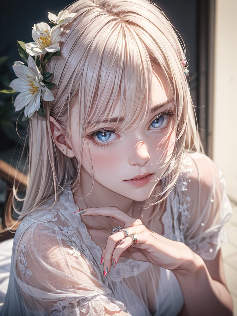 unparalleled masterpiece, ultra realistic 8k CG,masterpiece,pov,(delicate photograph,ultra_detailed,16k,raw photo:1.3),(realistic:1.9,photorealistic:1.9), beautiful detailed eyes,(((1 girl,solo,full body))), ,blue eyes, long hair, white hair, white dress, flower, camellia, jewelry, nail polish, ring, hair ornament, flower ornaments, white nails, White hell,