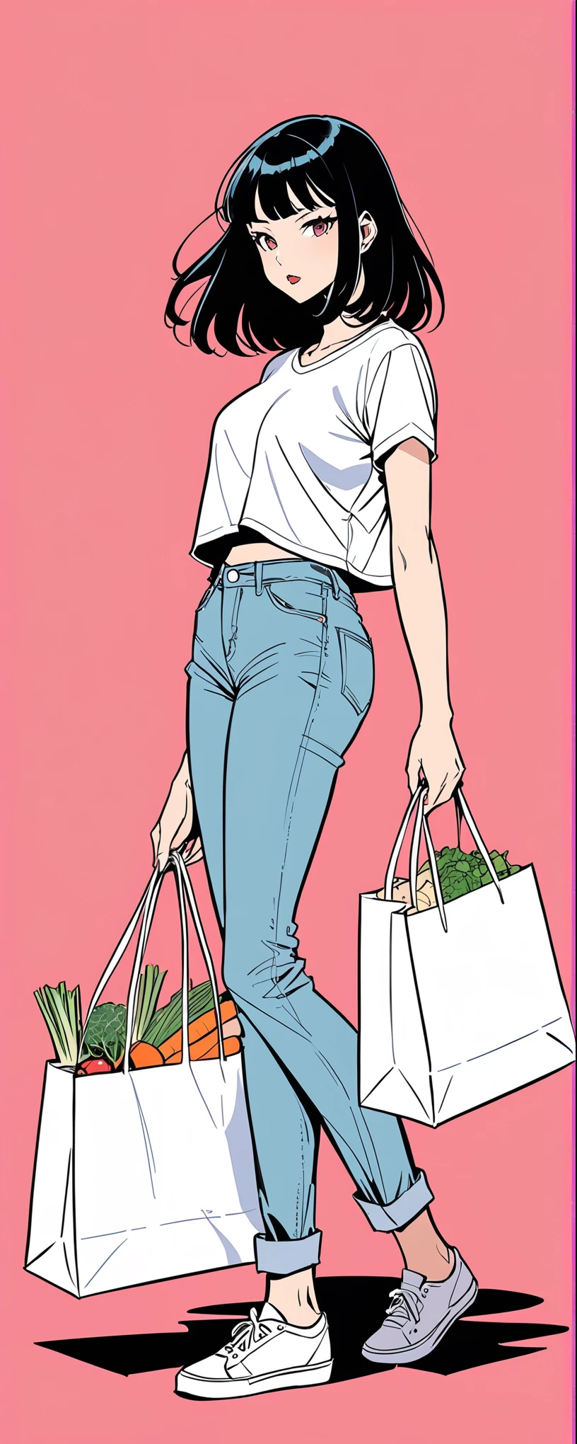 (in style of Jillian Tamaki:0.9),
1girl,
BREAK
casual wear,1 shopping bag in hand,plastic bags contain a variety of fresh ingredients,solid color background,fantasty,comic style,minimalist style,making faces,back view,look at the camera,graceful movements,