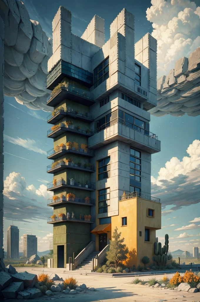 Illustration, a garden with abundant cacti, ((various organic sculptures)), ((big rocks)), (((multiple sections))), collage style, detailed, (((color palette (olive green), (Mustard orange), cool grey, ((blue)), black and white))), (((a lot Luis barragán's architecture style builds))) big clouds, volcano in horizon, stairs, in the desert. ((masterpiece, best quality)),illustration,ultra detailed 8k, ((Ori Toor visual style)),soviet, megabuildings, megastructures, buildings, sculpture,landscape,clouds