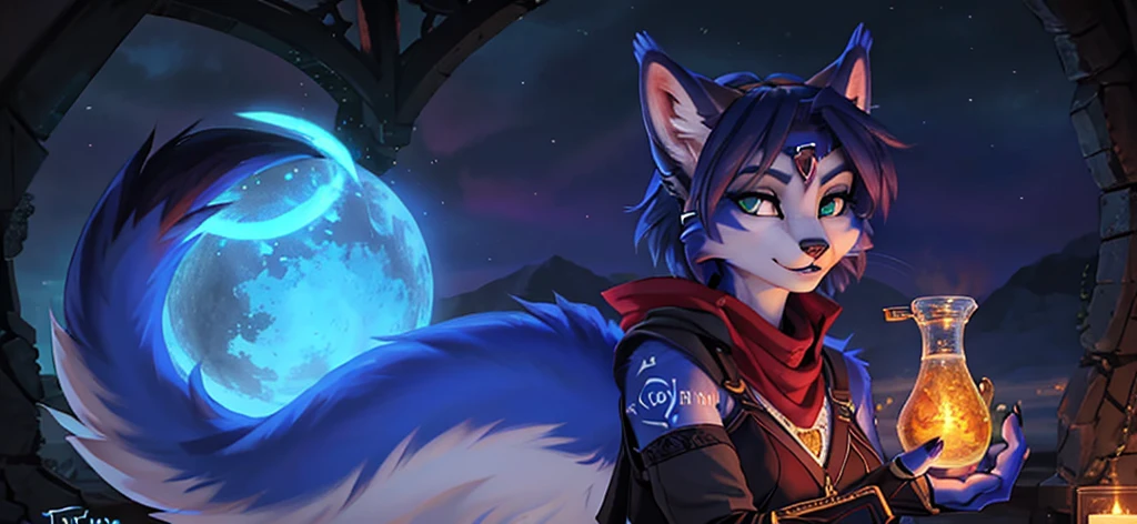 A beautiful and detailed (sweet portrait) von ((Krystal)), Sternenfuchs Krystal, Schlank, liebenswert, green eyes, medium breasts, (((Lange blaue Haare 1.3))), ((schwarze haarspitzen)), Dekollete, Grinsen, hoch schauen,, anthro, Pelzig, Hochgeladen E621, detailed flauschige fur, (von Fluff-Kevlar, Bayard Wu, Personalami, Pino Daeni), detailliertes Gesicht, (flauschige), 1 girl, Allein, Stammes-Kleidung, sweet girl, solo, wears warlock armor
