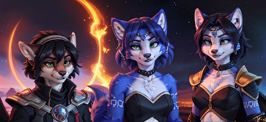 A beautiful and detailed (sweet portrait) von ((Krystal)), Sternenfuchs Krystal, Schlank, liebenswert, green eyes, medium breasts, (((Lange blaue Haare 1.3))), ((schwarze haarspitzen)), Dekollete, Grinsen, hoch schauen,, anthro, Pelzig, Hochgeladen E621, detailed flauschige fur, (von Fluff-Kevlar, Bayard Wu, Personalami, Pino Daeni), detailliertes Gesicht, (flauschige), 1 girl, Allein, Stammes-Kleidung, sweet girl, solo, wears warlock armor