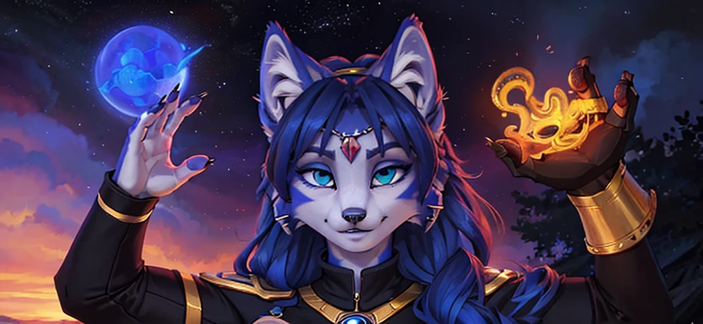 A beautiful and detailed (sweet portrait) von ((Krystal)), Sternenfuchs Krystal, Schlank, liebenswert, green eyes, medium breasts, (((Lange blaue Haare 1.3))), ((schwarze haarspitzen)), Dekollete, Grinsen, hoch schauen,, anthro, Pelzig, Hochgeladen E621, detailed flauschige fur, (von Fluff-Kevlar, Bayard Wu, Personalami, Pino Daeni), detailliertes Gesicht, (flauschige), 1 girl, Allein, Stammes-Kleidung, sweet girl, solo, wears warlock armor