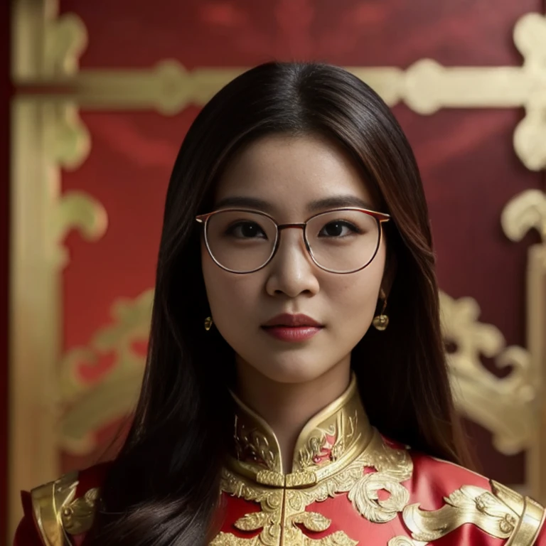 Asian woman Arav in red and gold dress and glasses, iu lee ji-eun in the role of supervillain, There was an ornate Korean pillar behind her., Portrait of a modern Darna, korean woman, queen of the sea Mu Yanling, Kwak Ji Young, Chinese woman, gongbi, The girl who played the role of Genghis Khan, Portrait in the middle of a shot