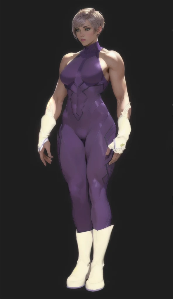 ((best quality)), ((4k)), ((highres)), ((masterpiece:1.2)). ((detailed)), ((ultra realistic)), ((intricate details)), ((full body picture)), ((character design sheet)), ((blank background)), ((standing in a blank background)), a full body shot of a beautiful european female in a skin-tight purple outfit and white-gold boots, pixie haircut, hazel hair, vivid green eyes, athletic body, muscular arms, muscular and feminine, flat abs, full body concept, full body render, full body portrait of a short!, full body details, purple bodysuit, detailed full body concept, full body close-up shot, !!full body portrait!!, full body portrait, full character body, full body with costume, zoomed out full body