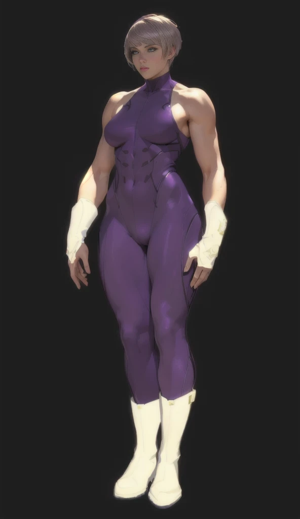 ((best quality)), ((4k)), ((highres)), ((masterpiece:1.2)). ((detailed)), ((ultra realistic)), ((intricate details)), ((full body picture)), ((character design sheet)), ((blank background)), ((standing in a blank background)), a full body shot of a beautiful european female in a skin-tight purple outfit and white-gold boots, cute face, doll-like face, pixie haircut, brown hair, hair blocking eyes, vivid green eyes, athletic body, muscular arms, muscular and feminine, flat abs, full body concept, full body render, full body portrait of a short!, full body details, purple bodysuit, detailed full body concept, full body close-up shot, !!full body portrait!!, full body portrait, full character body, full body with costume, zoomed out full body