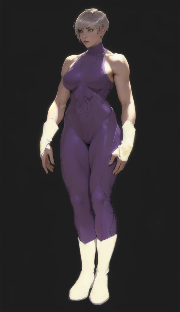 ((best quality)), ((4k)), ((highres)), ((masterpiece:1.2)). ((detailed)), ((ultra realistic)), ((intricate details)), ((full body picture)), ((character design sheet)), ((blank background)), ((standing in a blank background)), a full body shot of a beautiful european female in a skin-tight purple outfit and white-gold boots, pixie haircut, hazel hair, vivid green eyes, athletic body, muscular arms, muscular and feminine, flat abs, full body concept, full body render, full body portrait of a short!, full body details, purple bodysuit, detailed full body concept, full body close-up shot, !!full body portrait!!, full body portrait, full character body, full body with costume, zoomed out full body