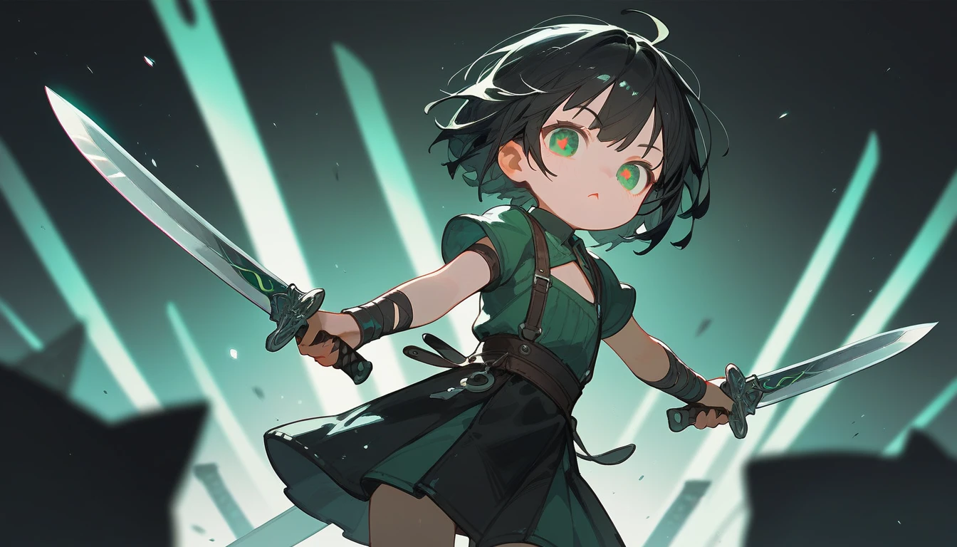 Black short hair,Loli,Green pupils,cool,Sword,Double knife