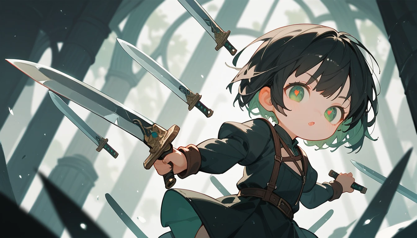 Black short hair,Loli,Green pupils,cool,Sword,Double knife