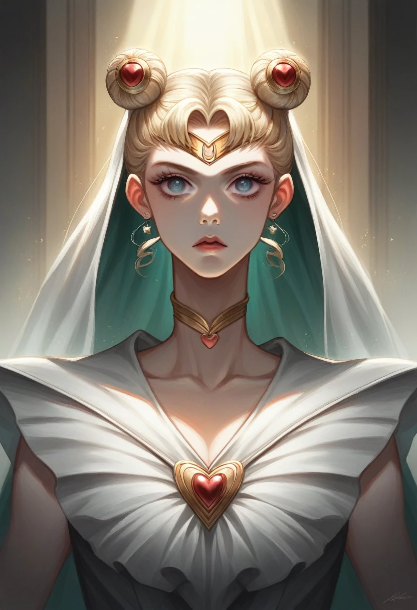 a beautiful detailed sailor moon queen nehelenia, extremely detailed eyes and face, long eyelashes, ornate crown, detailed jewelry, intricate dress, dramatic lighting, four large monsters surrounding her, high fantasy, digital painting, cinematic, dark, moody, dramatic colors, chiaroscuro lighting