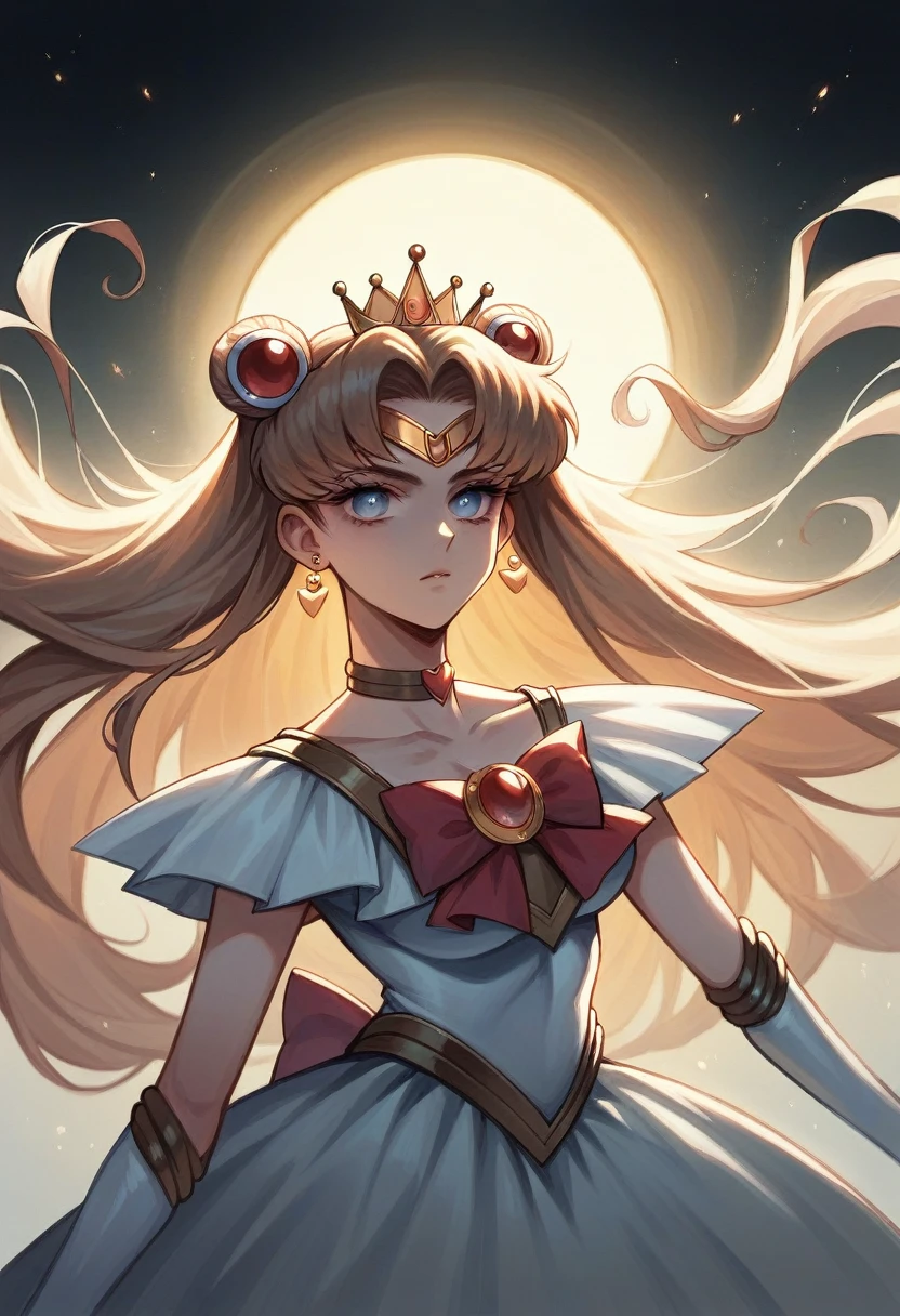 a beautiful detailed sailor moon queen nehelenia, extremely detailed eyes and face, long eyelashes, ornate crown, detailed jewelry, intricate dress, dramatic lighting, four large monsters surrounding her, high fantasy, digital painting, cinematic, dark, moody, dramatic colors, chiaroscuro lighting