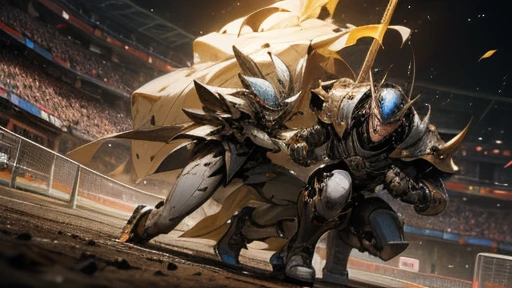 mechanic style, super fine illustration, highly detailed, dynamic angle, beautiful detailed, 8k, At night, in an illuminated fired soccer stadium, the pitch covered in 金属, BREAK a soccer match is taking place. BREAK A robot player, contending with an opponent, attempts a heading with a desperate expression. BREAK The soccer ball is in the air.{masterpiece},{best quality},{best detailed},{coolest},human_no,{battle scene},Angels and demons are fighting,