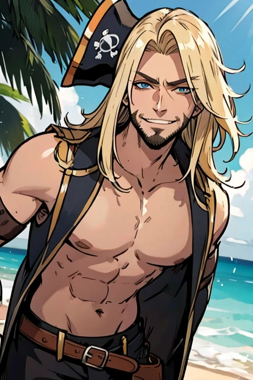 A muscular blonde haired male pirate with blue eyes and long hair and a dark beard in a pirate's outfit is  smiling while leaning forward with a  big smile on his face on a tropical beach