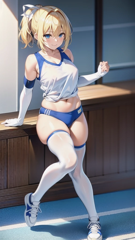 masterpiece, best quality, highres, BREAK , phyami, yamisch, short hair, blonde hair, pony tail with white ribbon, blue eyes, plain white gym shirt with blue collar, blue buruma, white long elbow gloves, white thighhighs, white sneakers, playful smile, very wide shot