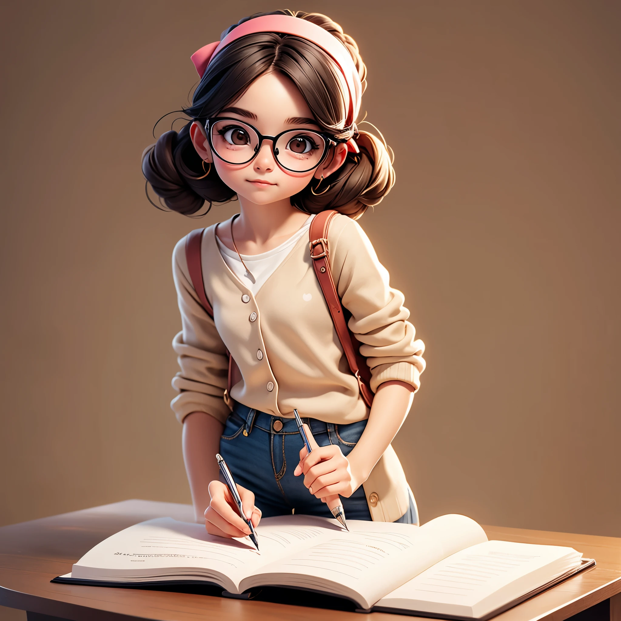 Cute young girl, wearing glasses, shoulder-length hair tied in a dot, holding a pen.