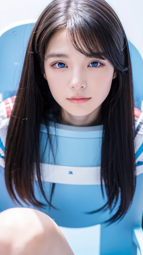 Her left eyes is blue, she is sitting on a chair.