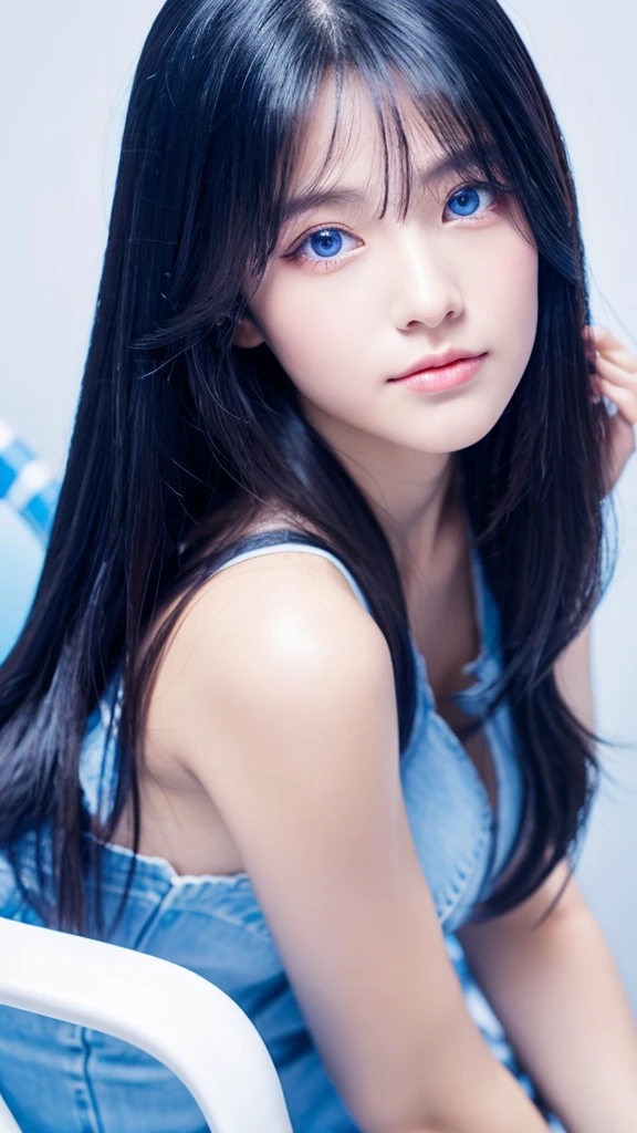 Her left eyes is blue, she is sitting on a chair.