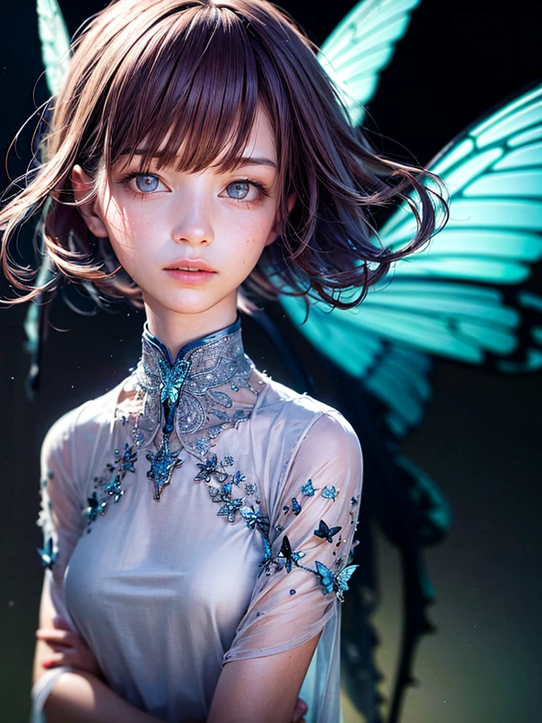 unparalleled masterpiece, ultra realistic 8k CG,masterpiece,pov,(delicate photograph,ultra_detailed,16k,raw photo:1.3),(realistic:1.9,photorealistic:1.9), beautiful detailed eyes,(((1 girl,solo,full body))), ,blue butterfly, glowing wings, masterpiece, best quality, ultra detailed, flower field, butterfly, windy, night, starry sky, butterfly wings,,butterfly wings,full body,
