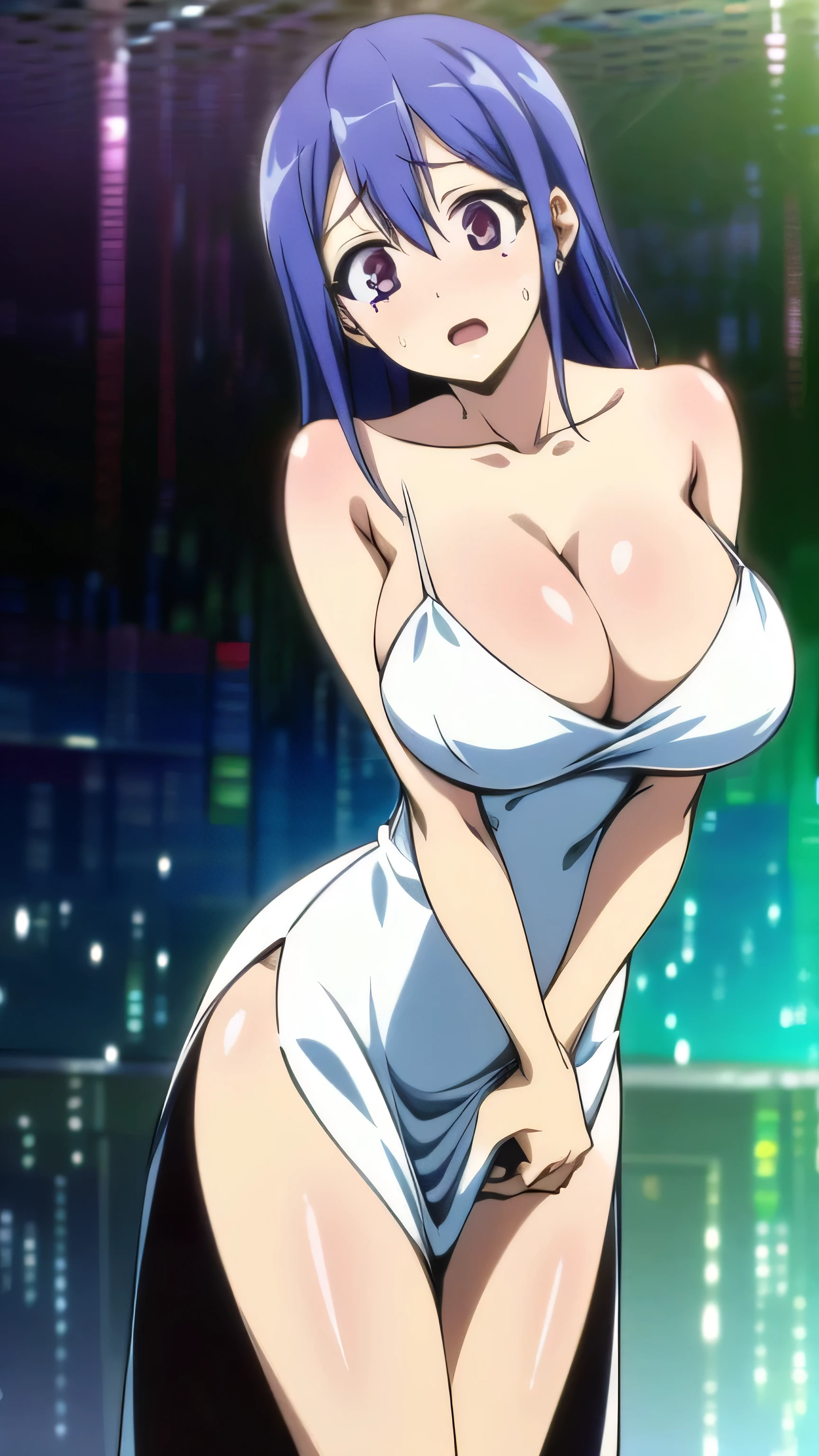 masterpiece, Best Quality,1girl in, (Solo:1.3),(huge-breasted:1),sweatdrop,in nightclub :1.3),standing on,A sweatdrop,Opening Mouth,sexy night dress,sexy pose,show off nipple,