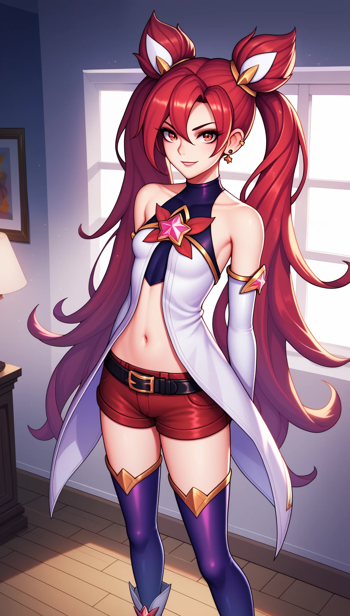 score_9, score_8_up, score_7_up, score_6_up, score_5_up, score_4_up, JinxSGLoLXL, star guardian (league of legends), red eyes, red hair, hair between eyes, twintails, cone hair bun, long hair, bangs, ear piercing, small breasts, bare shoulders, white dress, star (symbol), black elbow gloves, white elbow gloves, navel, black belt, red shorts, purple thighhighs, white boots, (solo), standing, looking at viewer, indoors