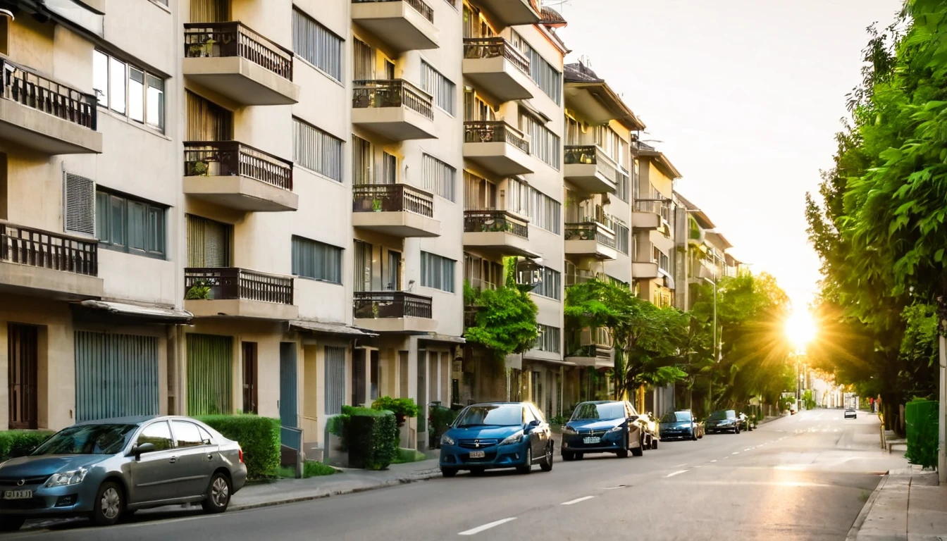 quiet street, several apartments, no people on the street, late afternoon