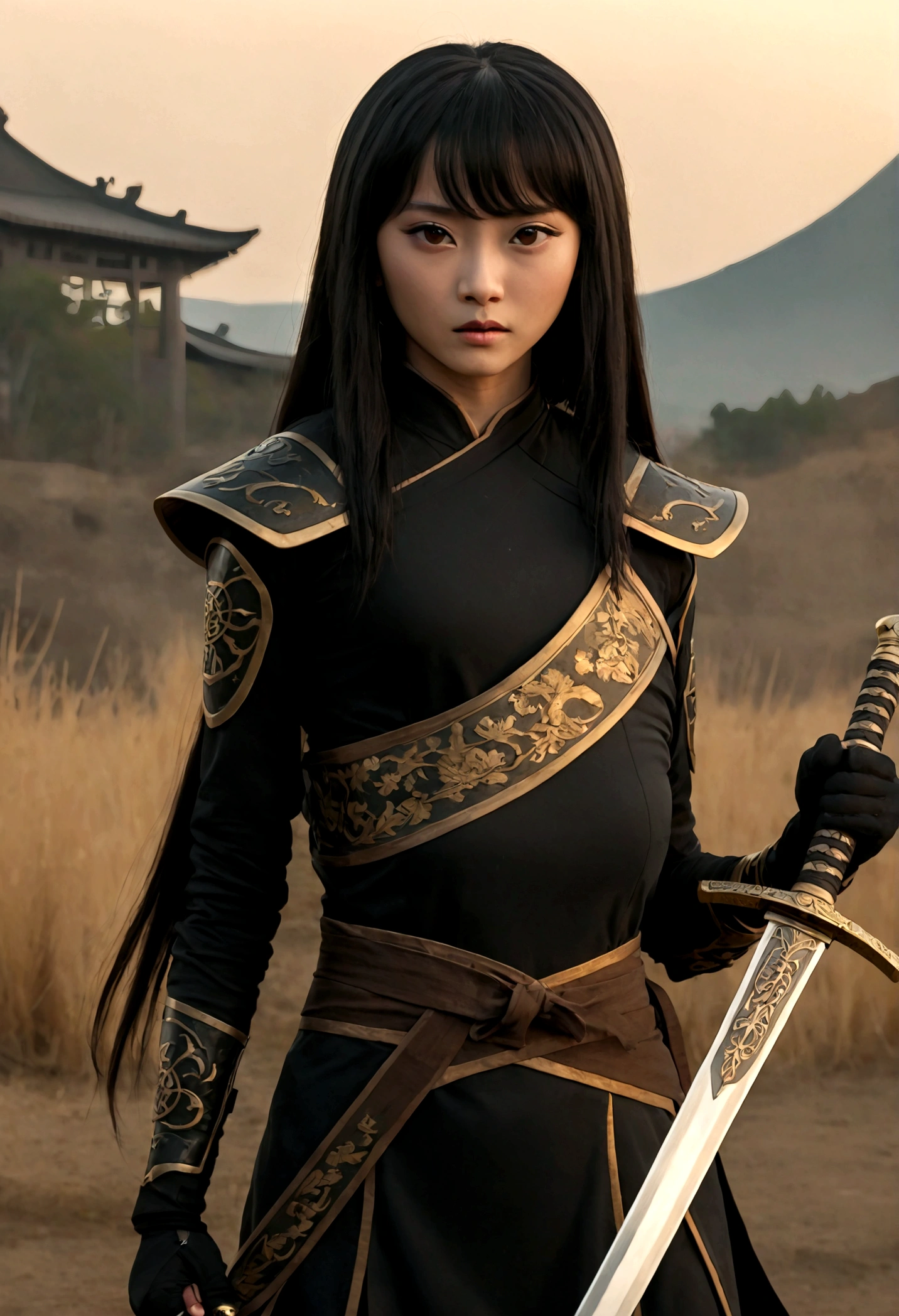 Beautiful Chinese woman in black and gold outfit, holds a sword, Zhilei Xin as the main character, full body cinematic shot, "modern superhero costume", Ninja, with a katana, Chinese woman with bangs, courageous character, Kind, Brave, on the battlefield, DC вселенная