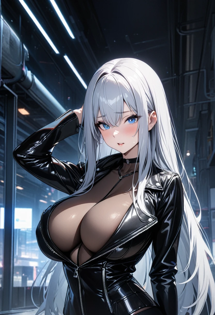 Silver Hair, Large Breasts, Adult women, , Tight leather jacket, Straight Hair, long hair, blue eyes, 4k, masterpiece, high quality
