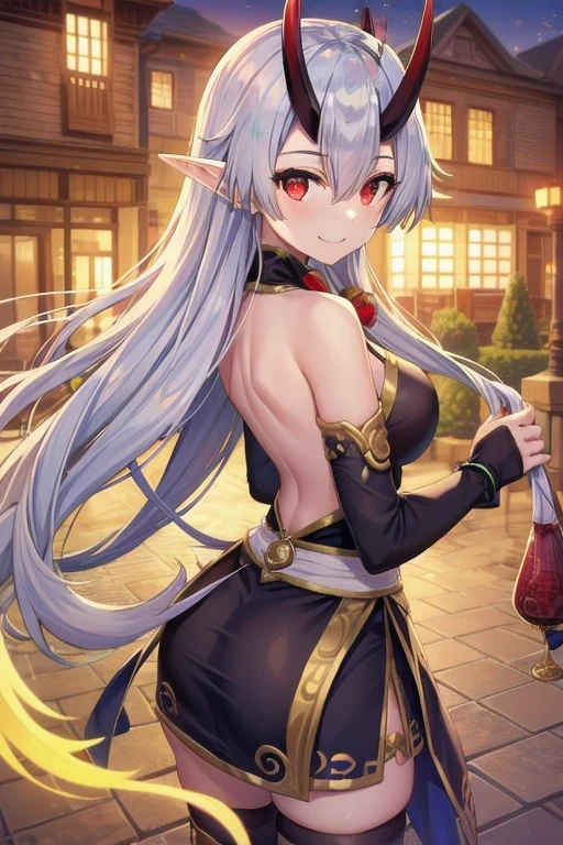 masterpiece, best quality, 1girl, tomoe gozen, torino style, glowing red eyes, smug smile, hair between eyes, silver long hair, elf, oni horns, dress, stockings, long skirt, high boots, bare back