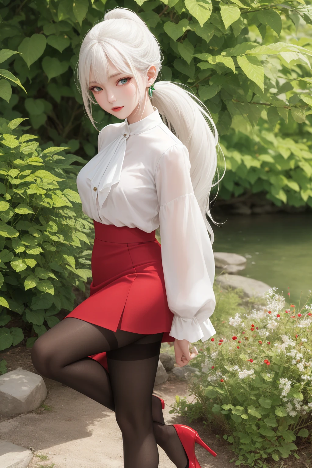 Detailed backgroumd, white blouse, long ponytail, full body, emerald eyes, red skirt, pantyhose, highheels, nature background, accessories, legs folded