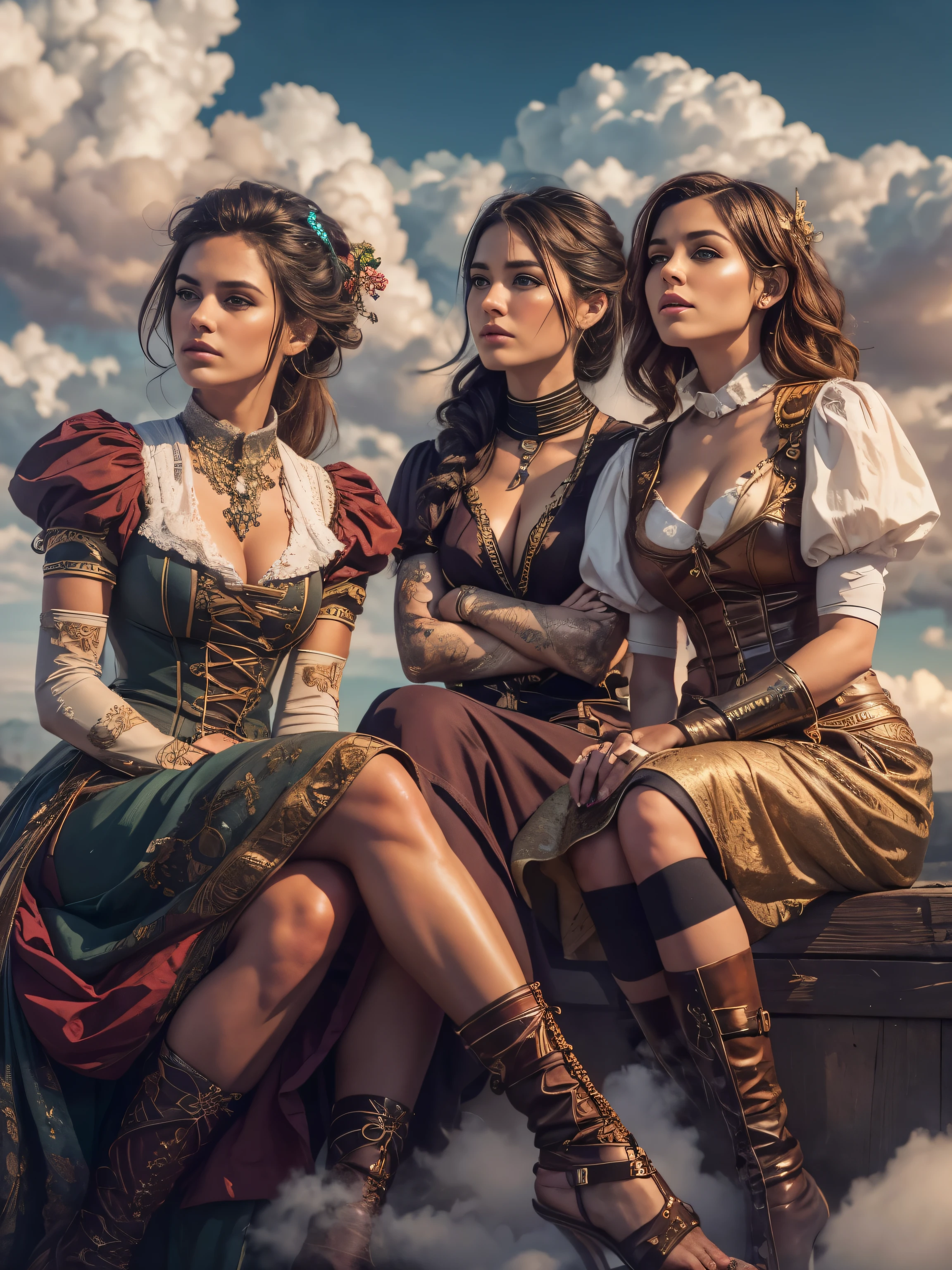 two beautiful steampunk ladies are making out surrounded by the equipment in their laboratory,hungry expressions