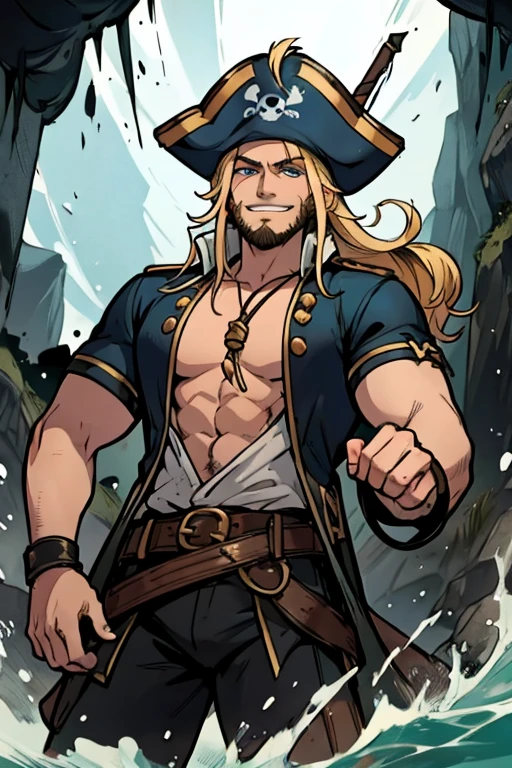 A muscular blonde haired male pirate with blue eyes and long hair and a dark beard in a pirate's outfit is exploring a sea cave with a big smile