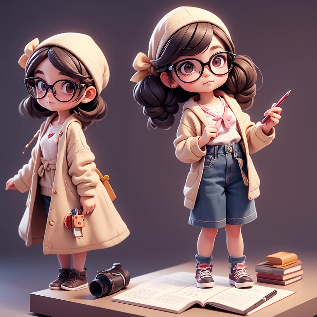 Cute young girl, wearing glasses, shoulder-length hair tied in a dot, holding a pen.