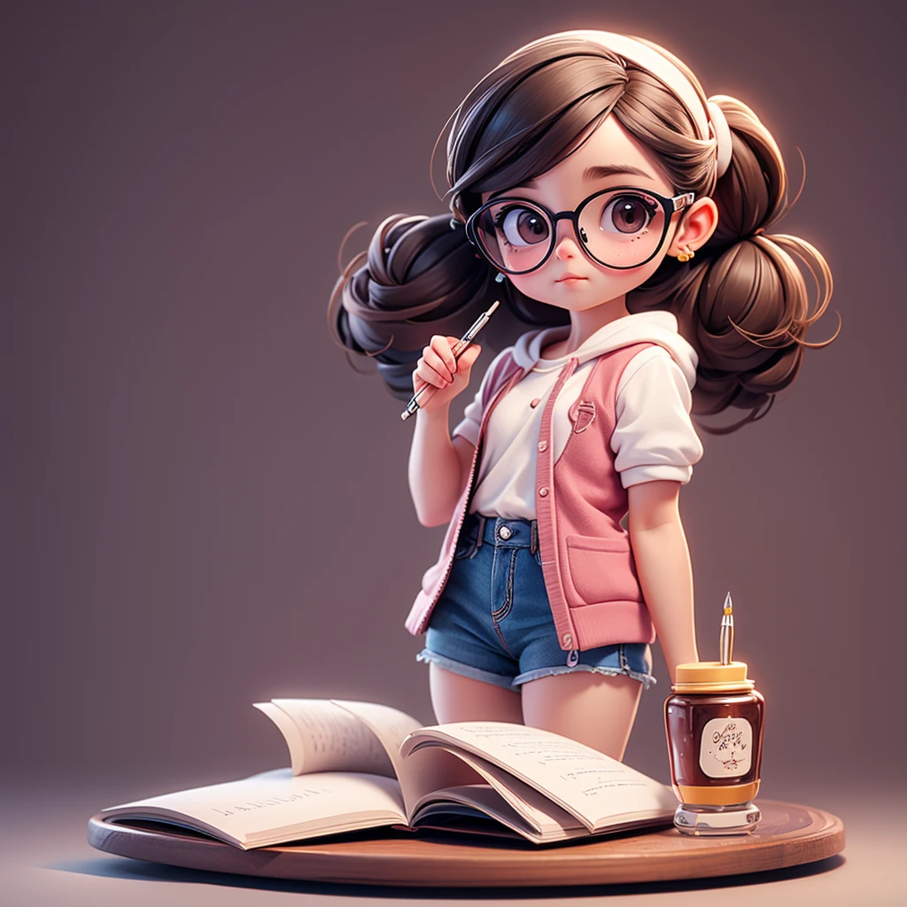 Cute young girl, wearing glasses, shoulder-length hair tied in a dot, holding a pen.