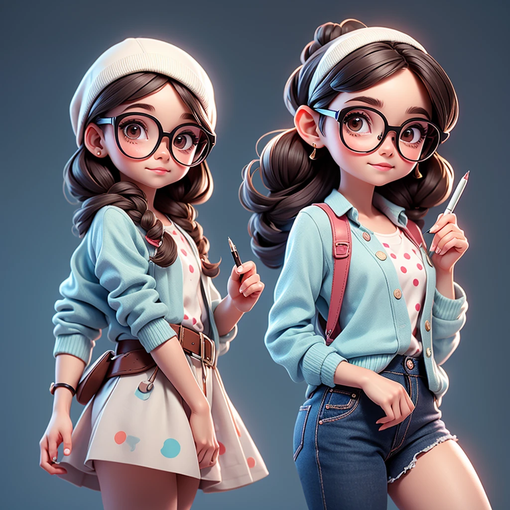 Cute young girl, wearing glasses, shoulder-length hair tied in a dot, holding a pen.