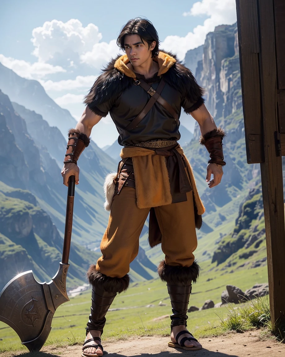 Youth with short black hair and brown eyes, fair skin and clean-shaven, dressed in short orange medieval barbarian fur tunic and trousers, weilding giant axe, sandals; fullbody; short hair, masculine, athletic