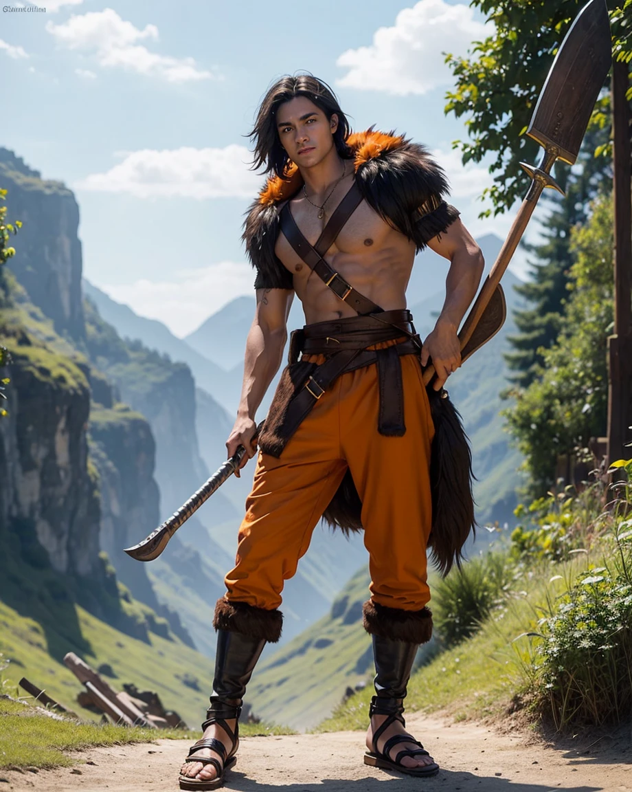 Youth with short black hair and brown eyes, fair skin and clean-shaven, dressed in short orange medieval barbarian fur tunic and trousers, weilding giant axe, sandals; fullbody; short hair, masculine, athletic