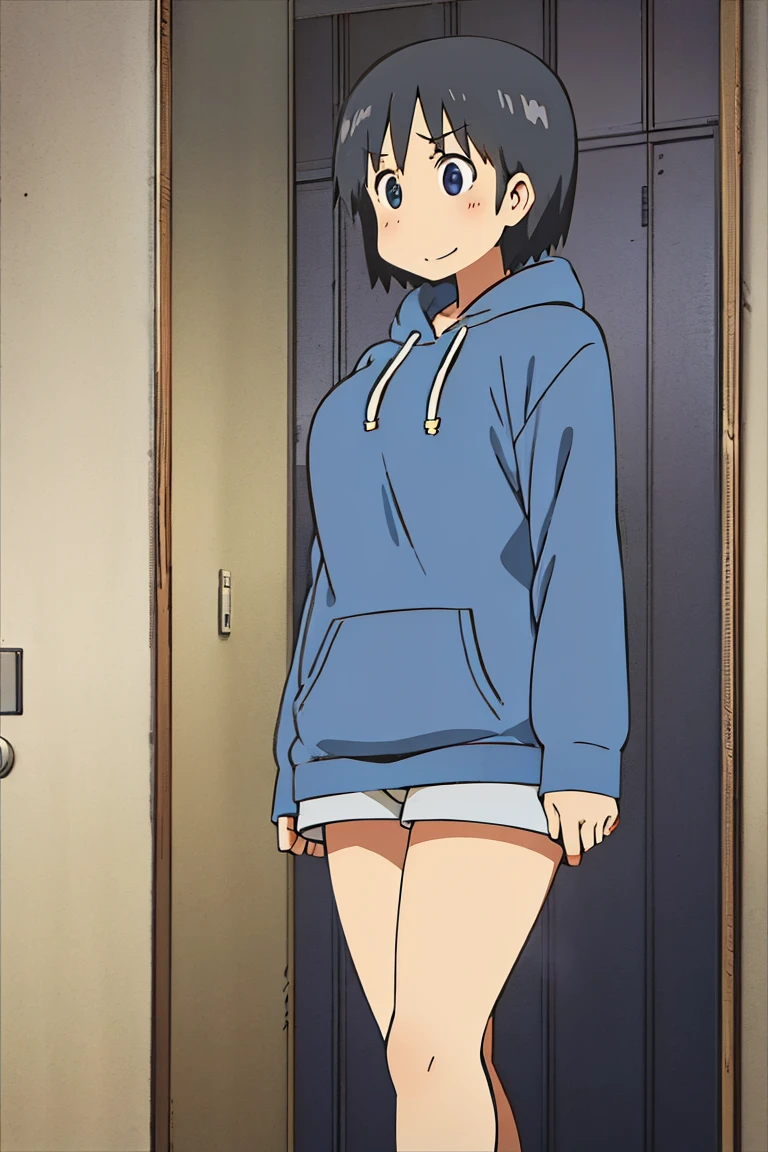 Kyoto animation, female, short hair, middle parted hairstyle, black hair, dark blue eye, cute face, thick eyebrows, big breast, sexy butt, slim body, sexy thigs, dark blue and white half body hoodie, short pants above thigs, brave smile, 90s style, big breast