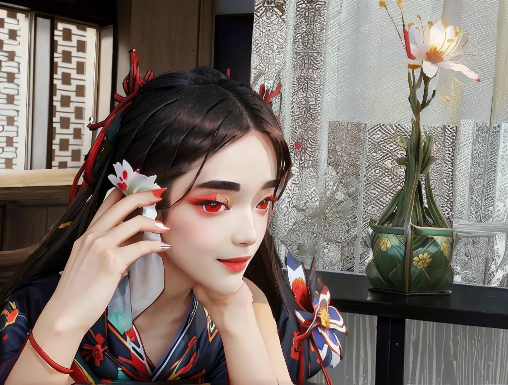  yuanshen,A woman is sitting at a table and talking on the phone, Girl calling,,lily,long hair,flower,indoor,Japanese clothes,flower 场地,Red Eyes,Solitary,kimono,Smile,Hair accessories,Black Hair,looking at the audience,Luminescence,sash,hair flower,Luminescence eyes,very long hair,Heart,brown hair,Bare shoulders,Perfect hands,