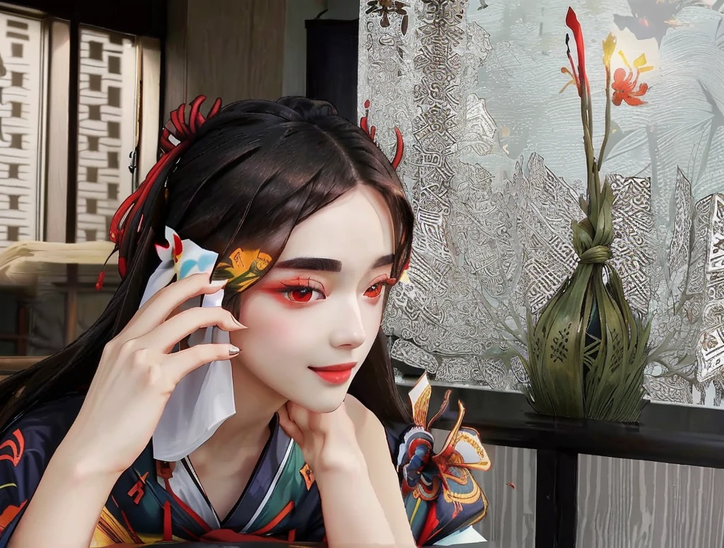  yuanshen,A woman is sitting at a table and talking on the phone, Girl calling,,lily,long hair,flower,indoor,Japanese clothes,flower 场地,Red Eyes,Solitary,kimono,Smile,Hair accessories,Black Hair,looking at the audience,Luminescence,sash,hair flower,Luminescence eyes,very long hair,Heart,brown hair,Bare shoulders,Perfect hands,