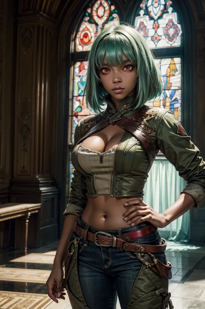 emeraldsustrai, emerald sustrai, short hair, (red eyes:1.5), green hair, dark skin, dark-skinned female, BREAK navel, cleavage, midriff, belt, cleavage cutout, chaps, hands on hips, BREAK inside palace, glass floor, mable pillers, tall stained glass windows, BREAK gala, large crowd, (((crowd in military dress))), (volumetric lighting), intricate details, tonemapping, sharp focus, hyper detailed, (cowboy shot:1.5), BREAK (masterpiece:1.2), best quality, high resolution, unity 8k wallpaper, (illustration:0.8), (beautiful detailed eyes:1.6), extremely detailed face, perfect lighting, extremely detailed CG, (perfect hands, perfect anatomy),
