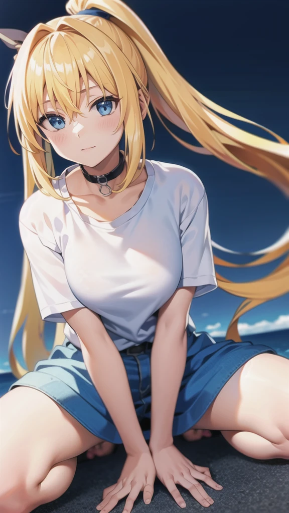 masterpiece, best quality, highres, BREAK , phyami, yamisch,  long hair, blonde hair, pony tail, blue eyes, brm, white t-shirt with blue collar, blue buruma, BREAK, very wide shot, hands on knees, knees