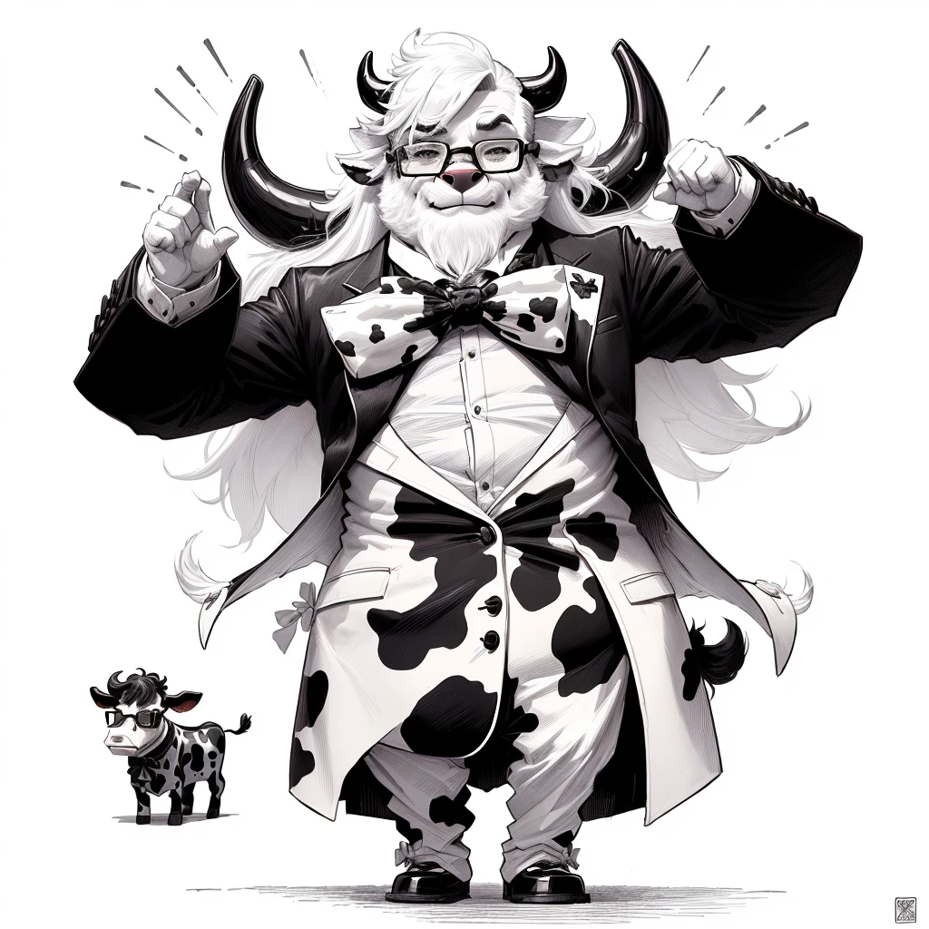 cartoon cow wearing glasses and a coat with a bow tie, cow, bovine, hd illustration, by Steve Prescott, fantastic , mikecow, by Jan Zrzavý, black and white vector art, mcbess illustration, mcbess, by Tadeusz Pruszkówski, by Adam Marczyński, official illustration